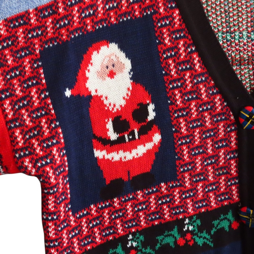 VTG SWEATER LOFT Christmas Cardigan COLORBLOCK PLAID SANTA Heart Buttons SIZE L - Picture 5 of 7